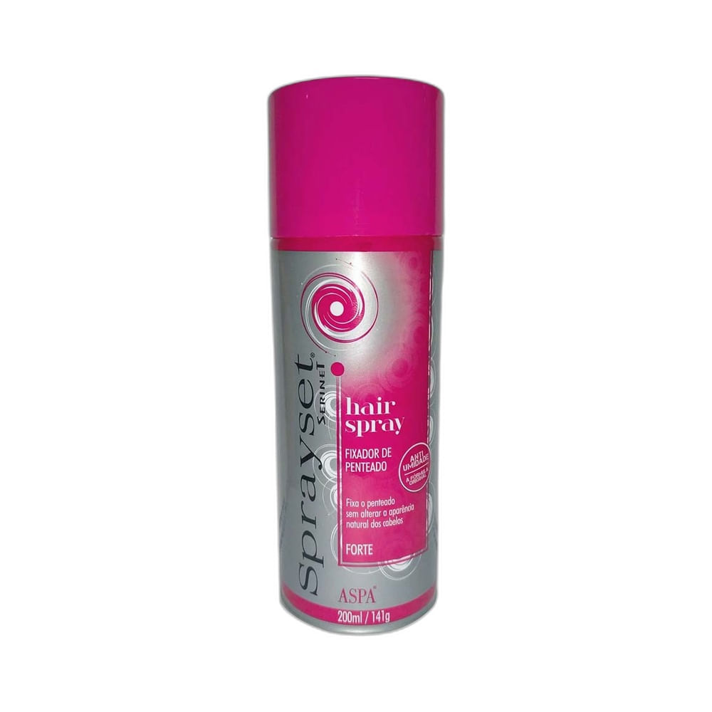 Imagem frontal do spray fixador Aspa Sprayset Forte 200ml com design moderno